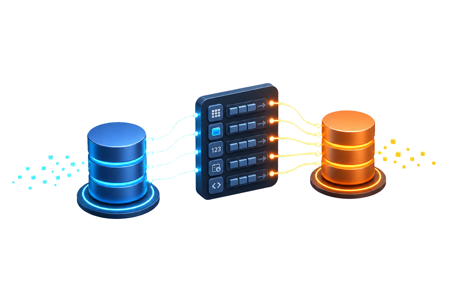 Visual of database tables, data type mapping, and schema conversion flowing between source and target databases