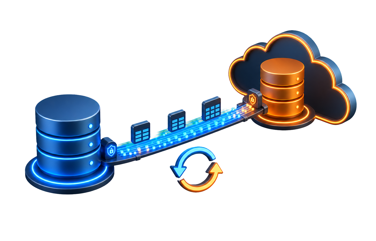 Visual of on-premise databases migrating to a cloud database with synchronized data flow and staged cut-over