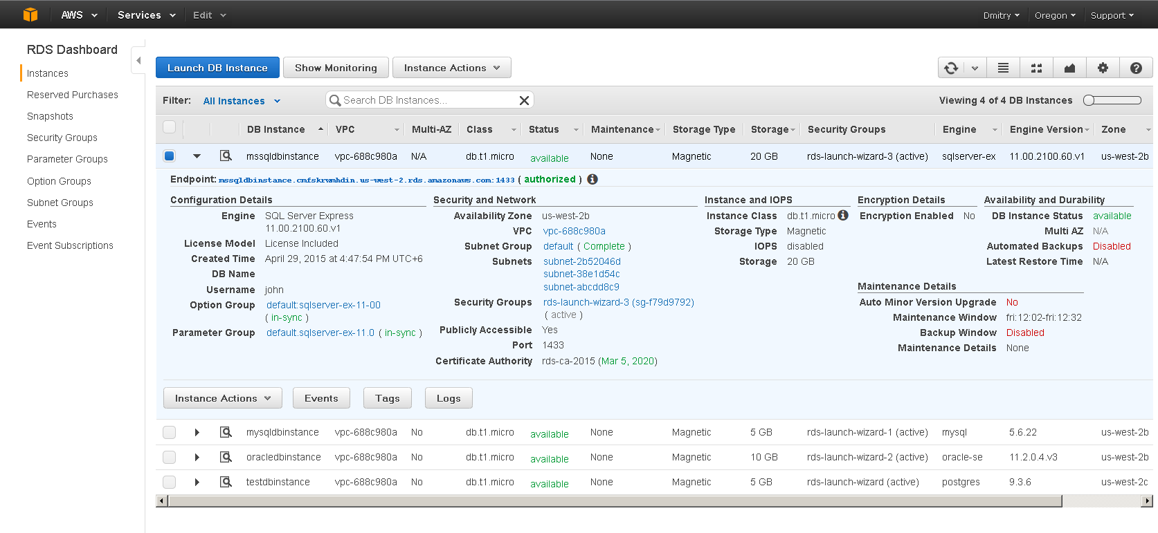 Selected RDS instance