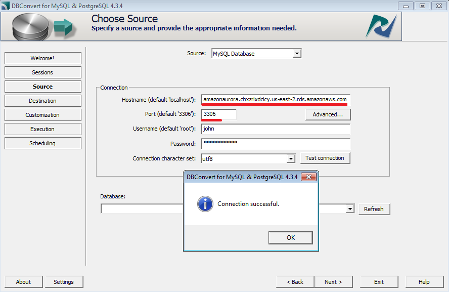 Aurora MySQL connection in DBConvert