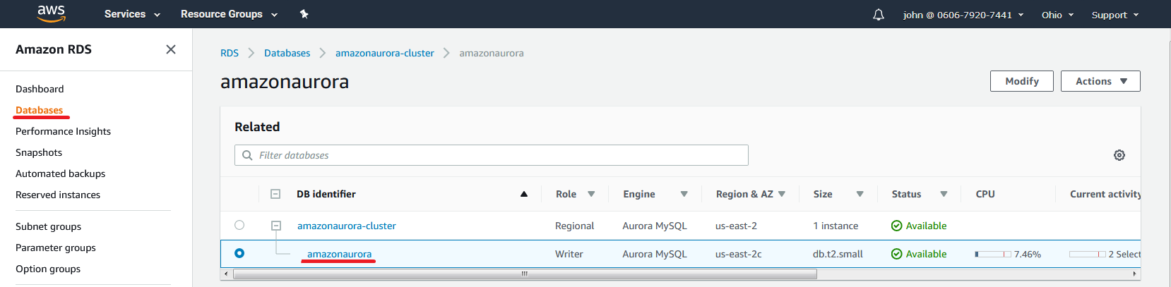 Aurora MySQL cluster in AWS console