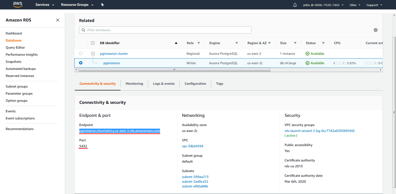 Aurora PostgreSQL connection details