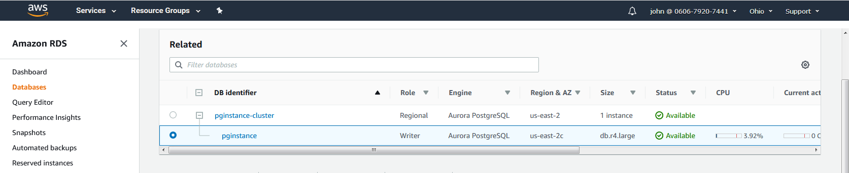 Aurora PostgreSQL cluster in AWS console