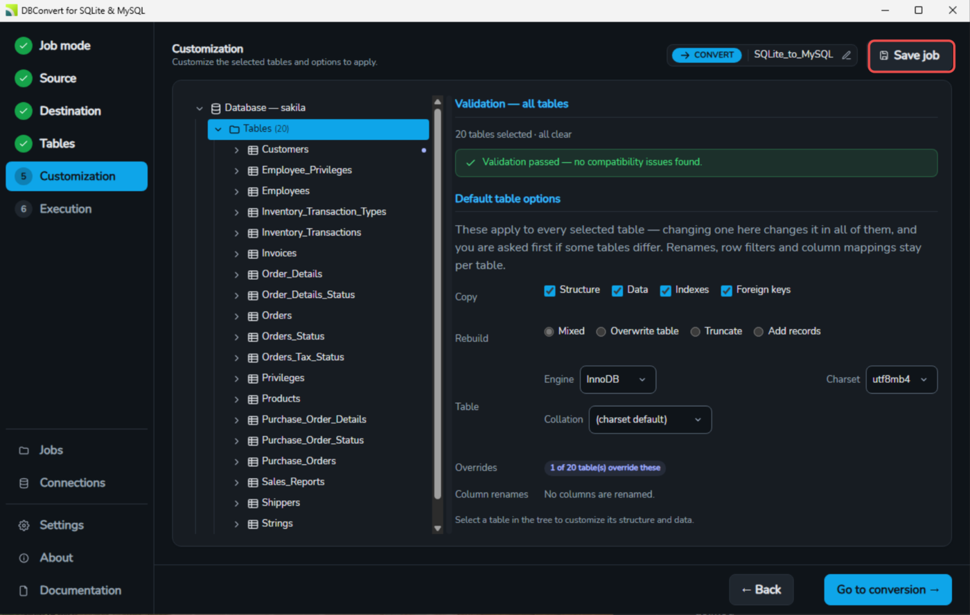 The Save job button in the top right of the DBConvert window, next to the job name