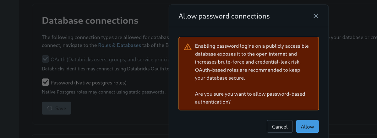 Database connections settings in Databricks with password connections enabled