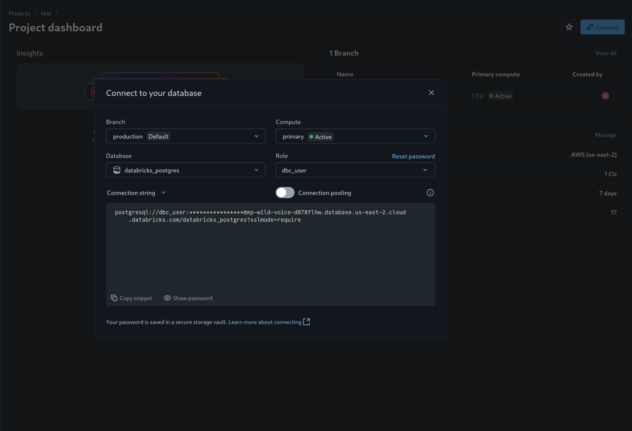 Databricks Connect dialog with the password role selected