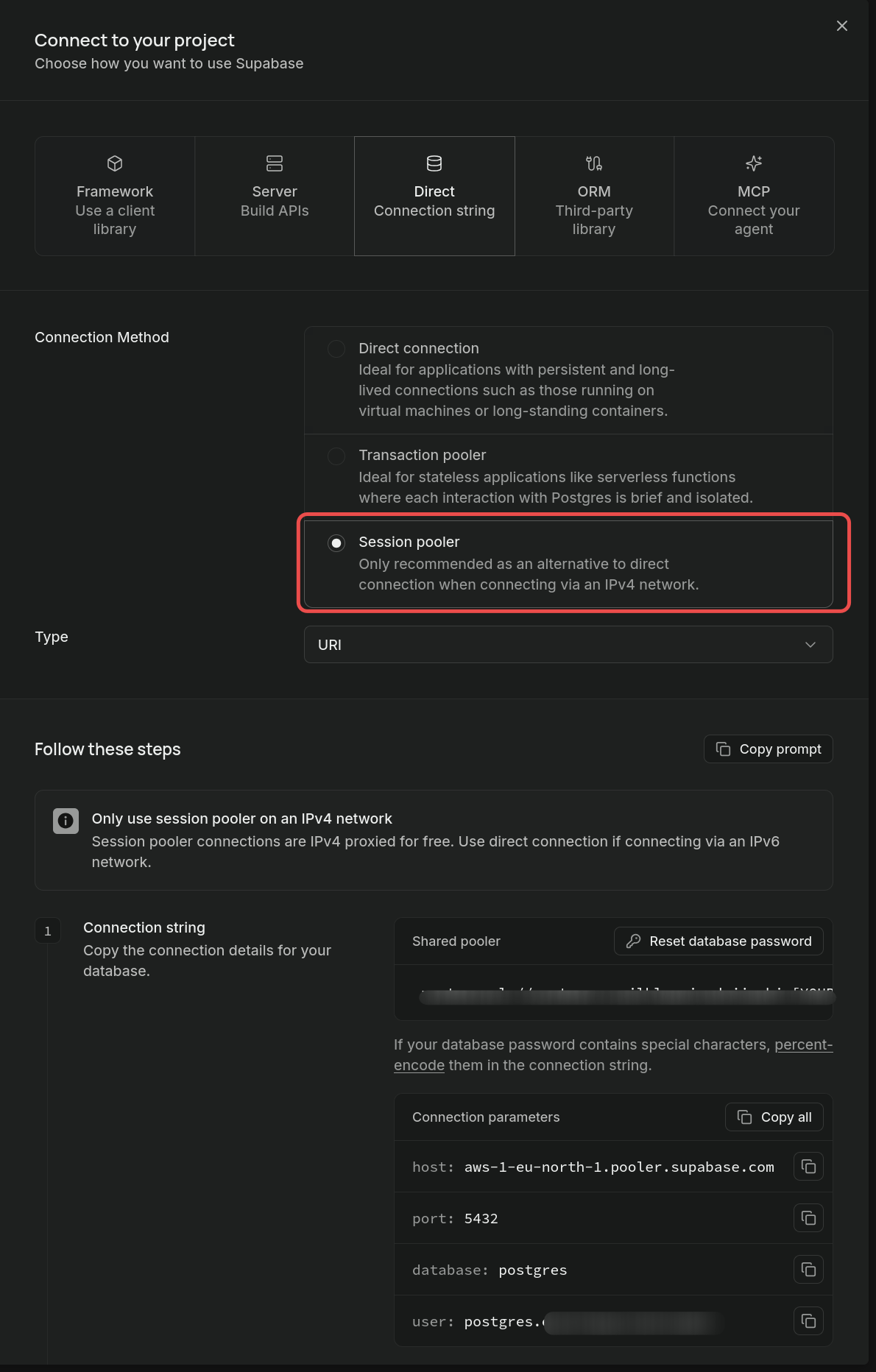 Supabase Connect dialog with Session pooler selected, showing host aws-1-eu-north-1.pooler.supabase.com on port 5432