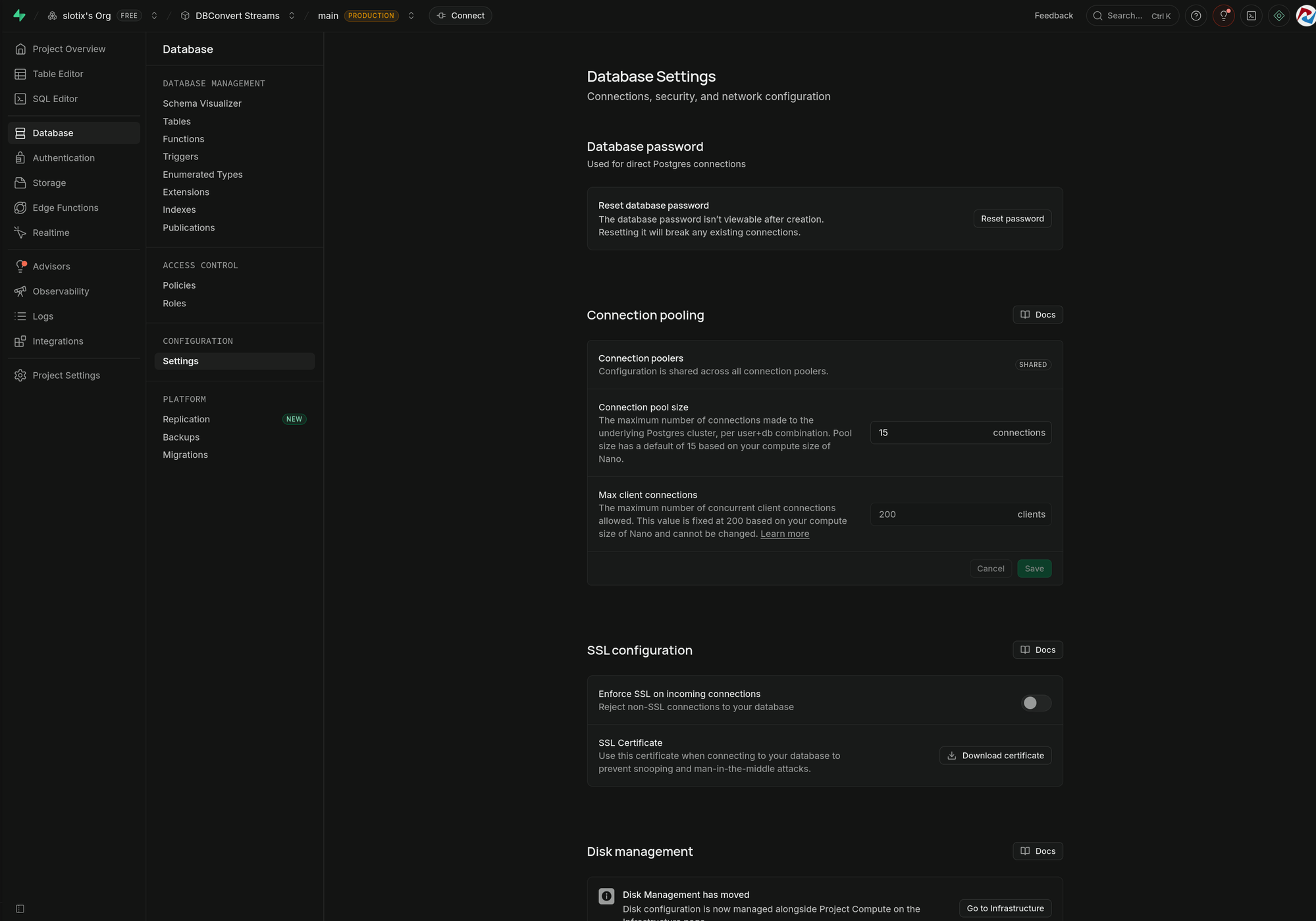 Supabase Database Settings page showing the connection pool size of 15, max client connections of 200 and the SSL configuration panel