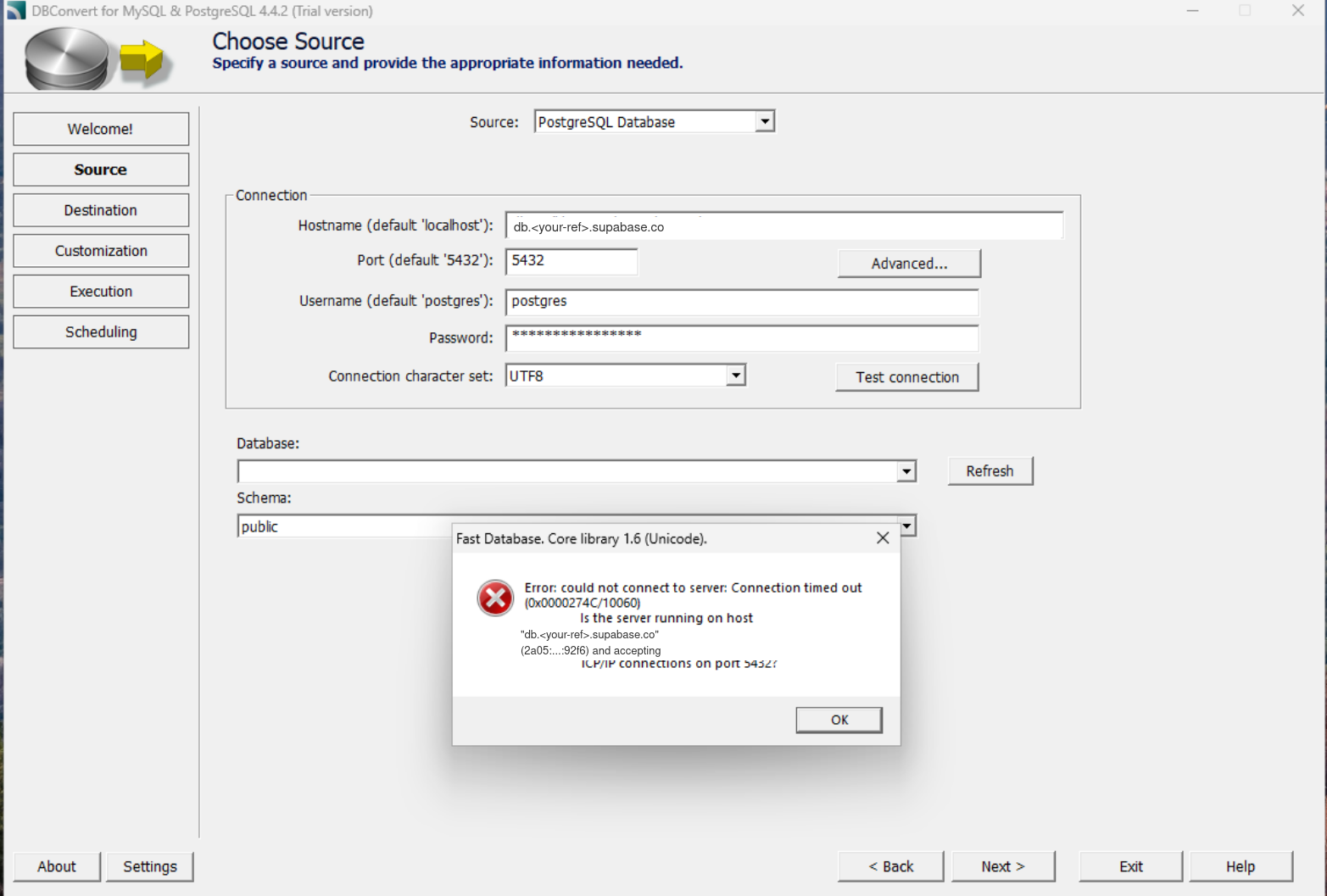 DBConvert showing Connection timed out 10060 against the Supabase direct host, with an IPv6 address in the message