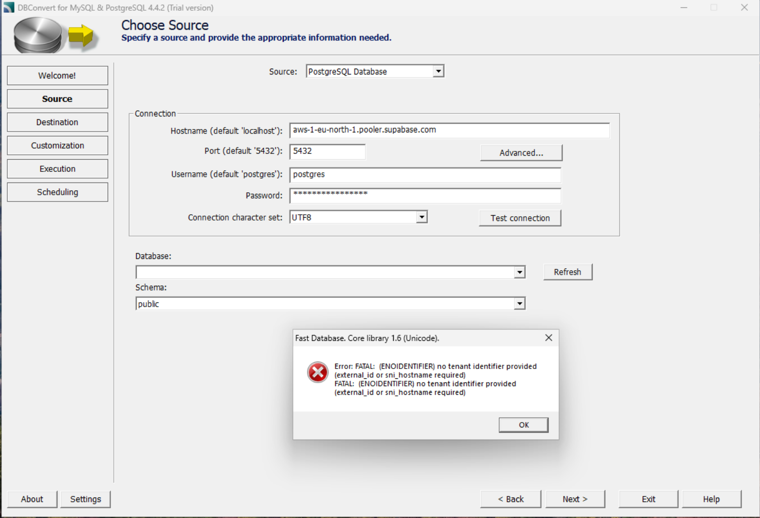 DBConvert showing the ENOIDENTIFIER no tenant identifier provided error against the Supabase pooler host with a plain postgres username