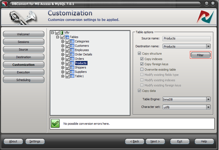 Filter button on Customization stage