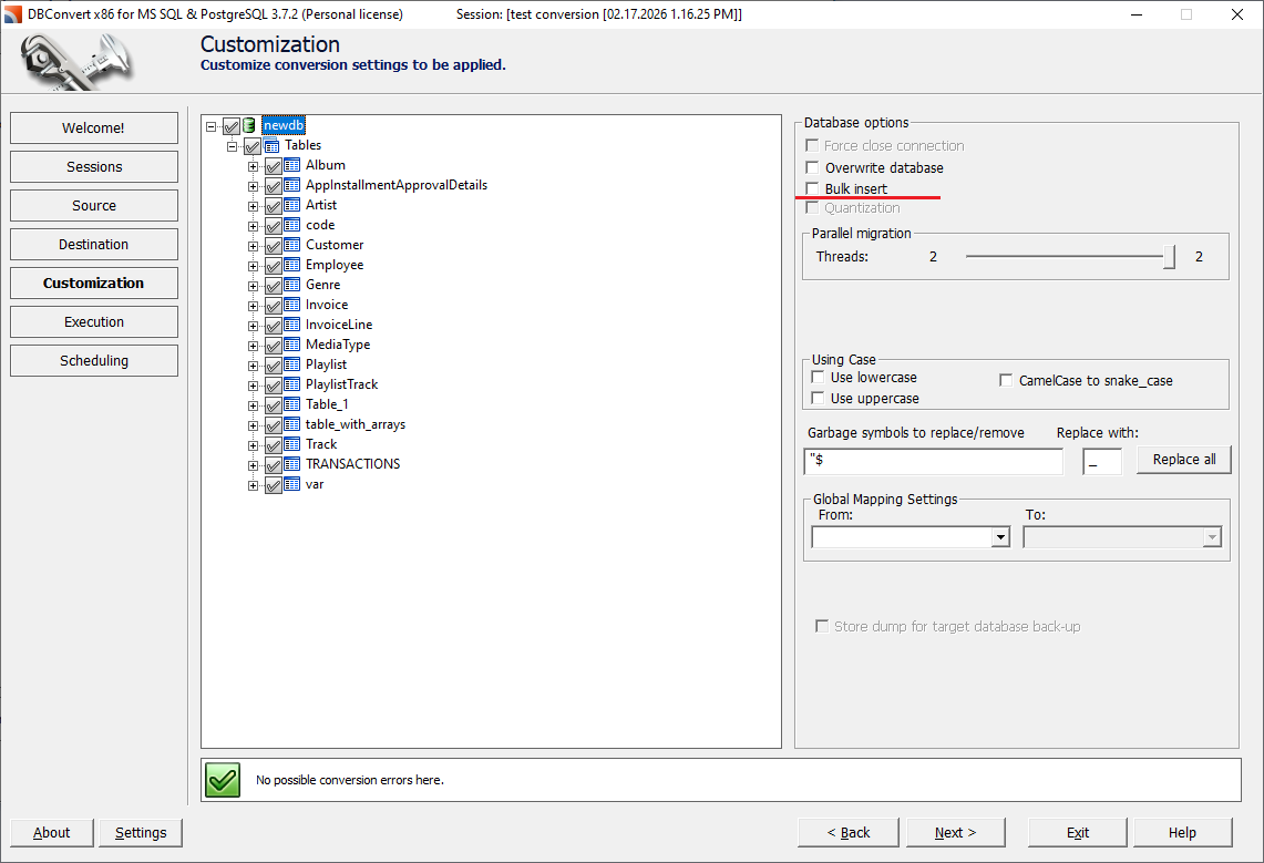 Bulk insert option at the customization stage