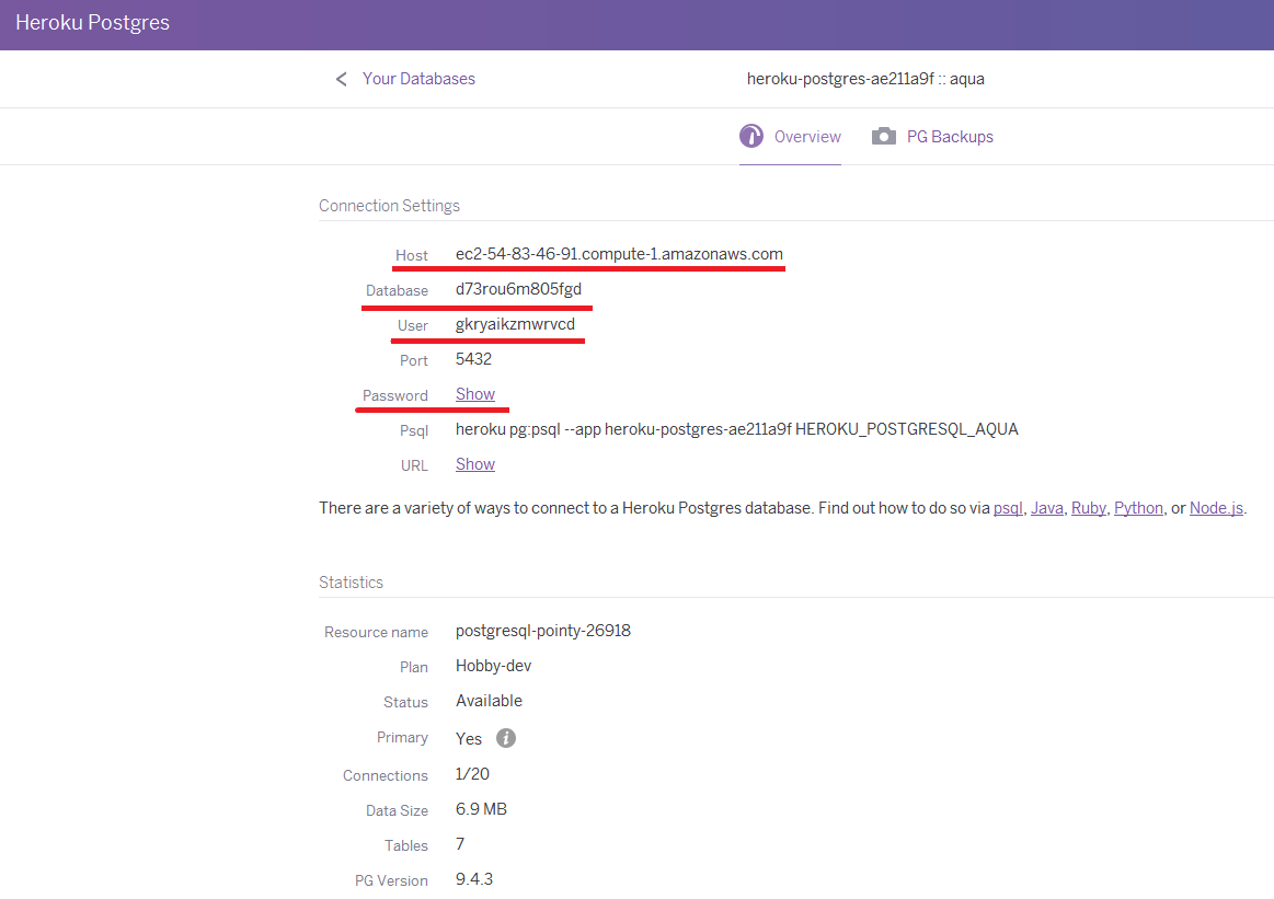 Heroku Postgres credentials page