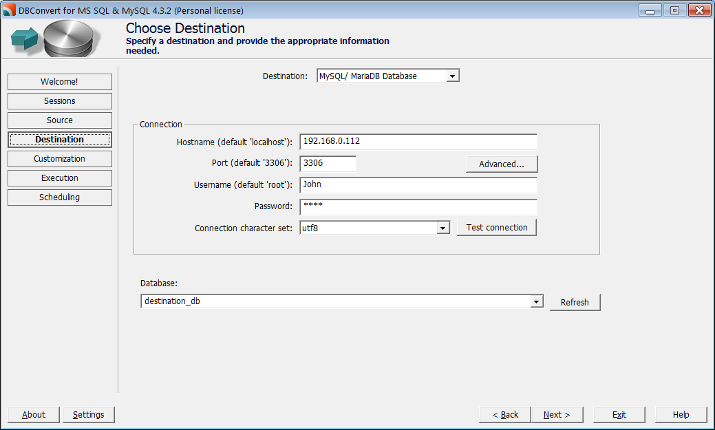 Destination database selection