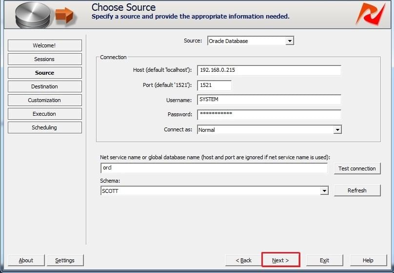 Source database step before selecting tables