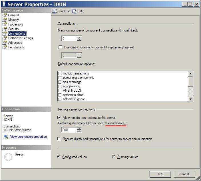 SQL Server 'Remote query timeout' set to 0