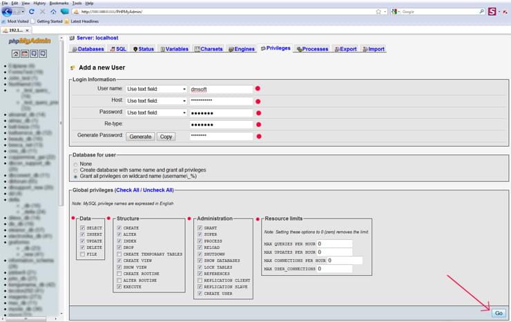 phpMyAdmin user privileges