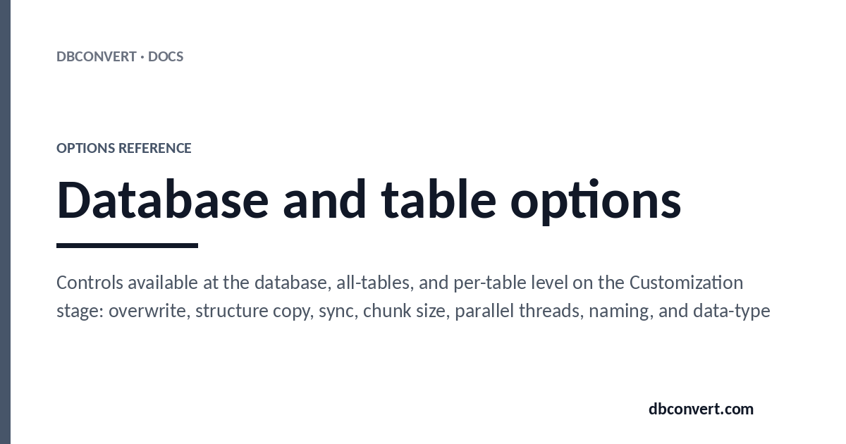 Database and table options | DBConvert Docs