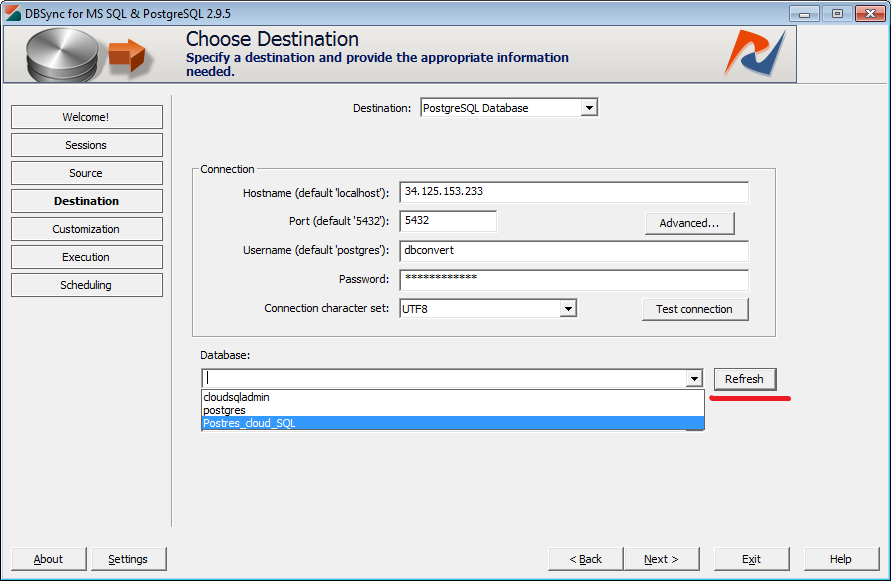 Cloud SQL database list in DBConvert