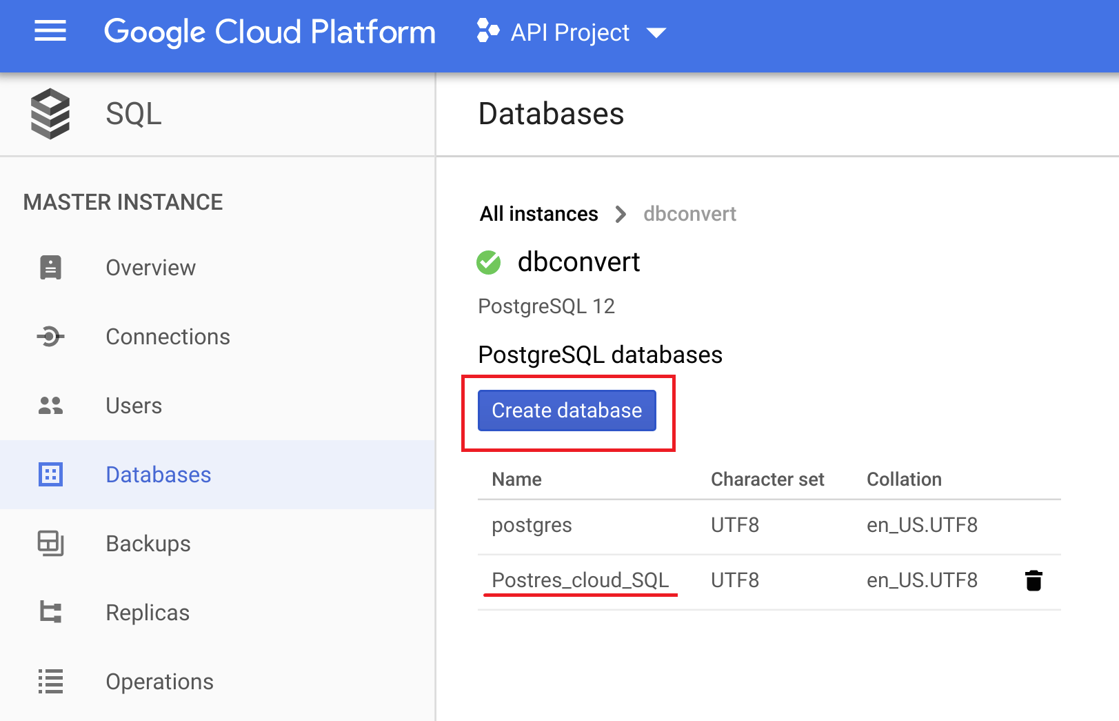Cloud SQL: create a database