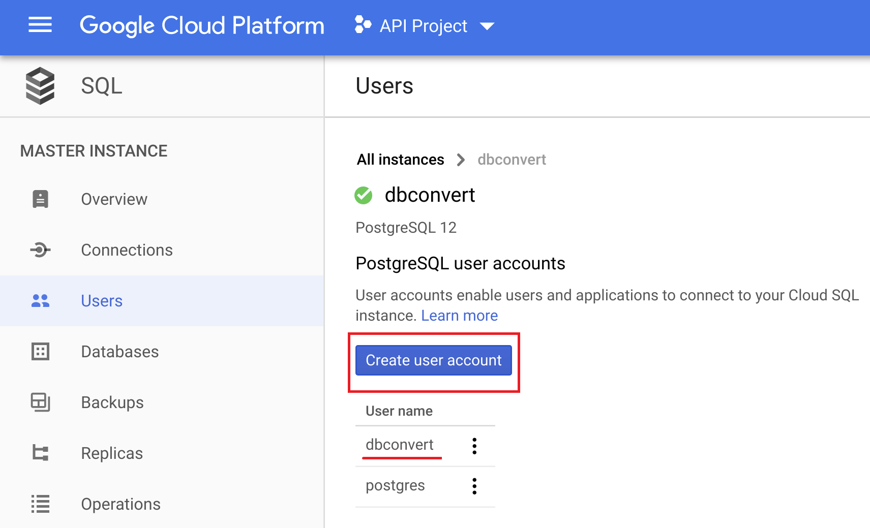 Cloud SQL: create user