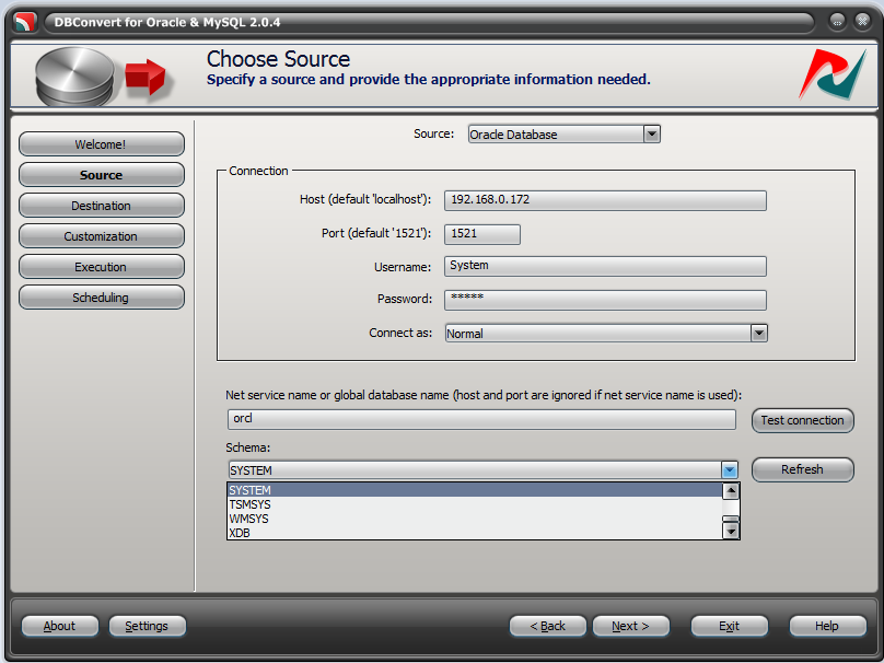 Correct Oracle connection parameters