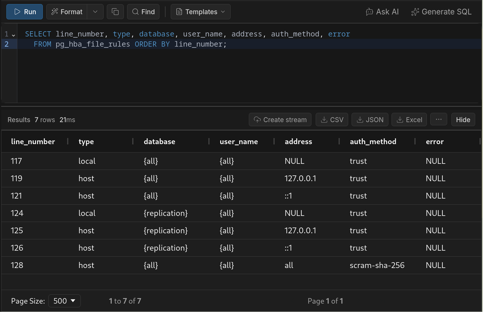 pg_hba_file_rules queried in the DBConvert Streams SQL console, listing seven parsed rules with their line numbers, addresses, auth methods and an empty error column