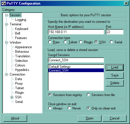 PuTTY session settings
