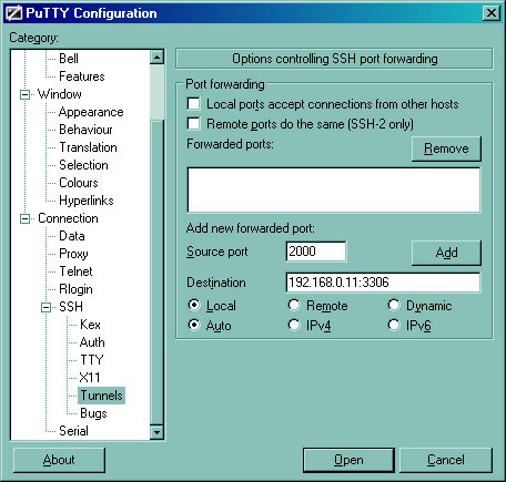 PuTTY tunnel settings