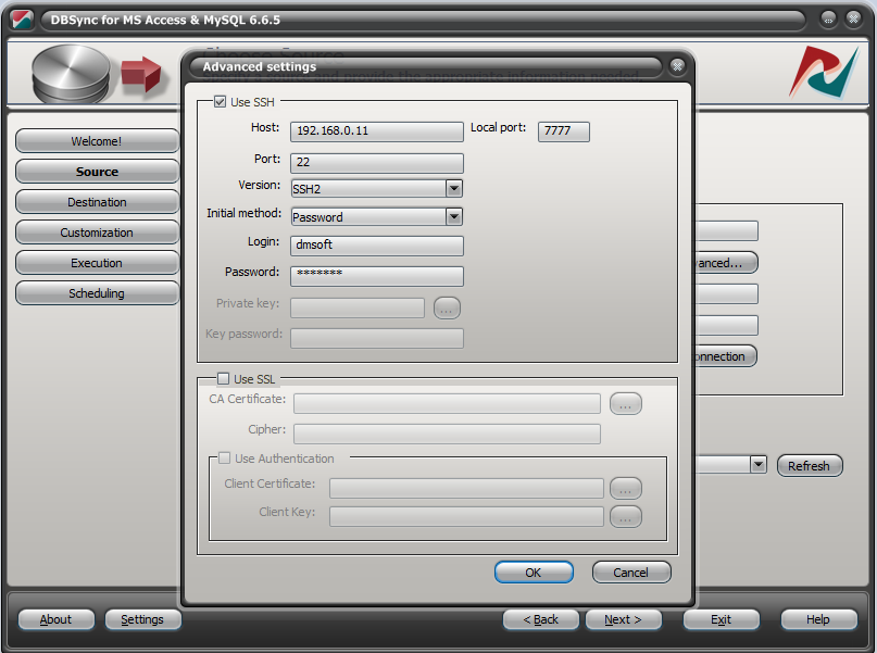 DBConvert SSH forwarding options
