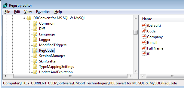 RegCode entry for DBConvert and DBSync tools in the Windows Registry