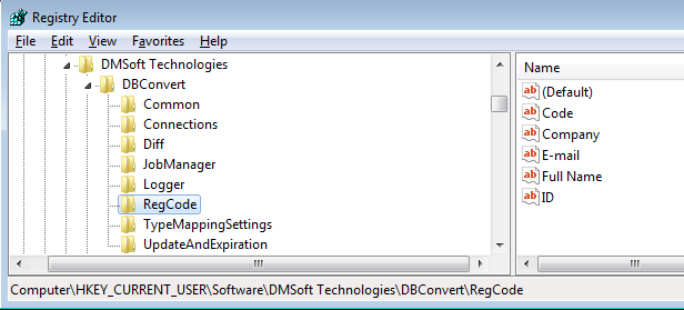 RegCode entry for DBConvert Studio in the Windows Registry