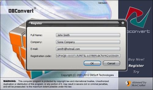 Registration window with full name, company, e-mail, and registration code filled in