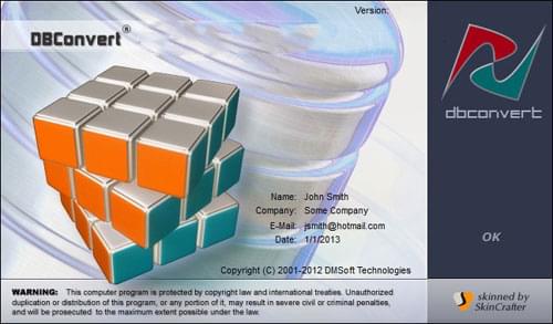 About DBConvert window showing the registered name, company, e-mail, and date