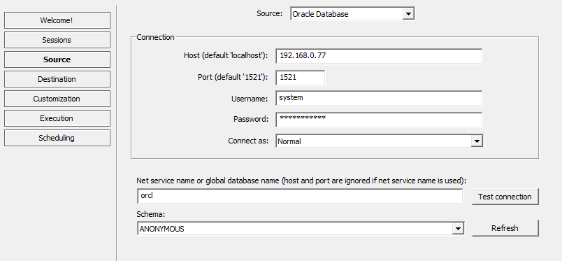 Oracle connection fields
