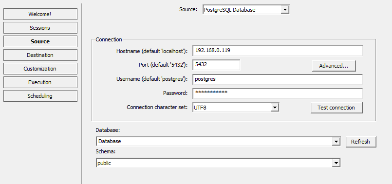 PostgreSQL connection fields