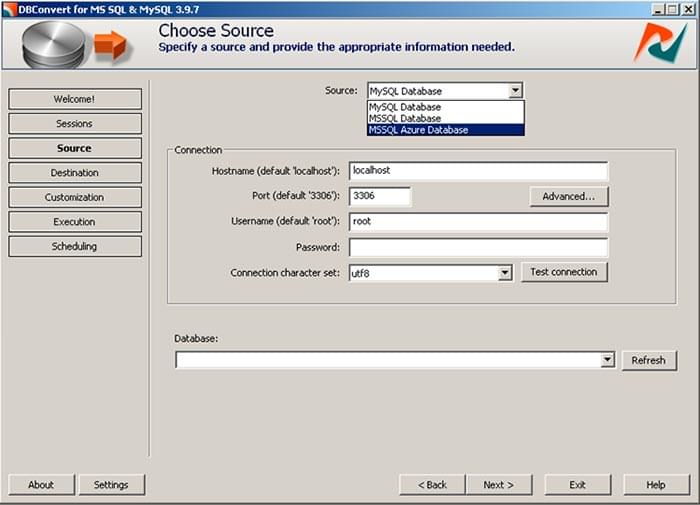 Selecting Azure connection in DBConvert
