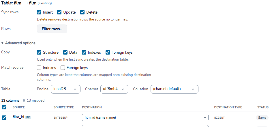 One table in a synchronization job: Sync rows, Rows, and Advanced options with Copy, Match source and Table