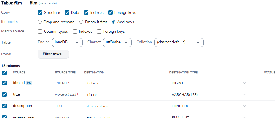 One table in Customization: Copy, If it exists, Match source, Table and Rows with Filter rows, above its column list