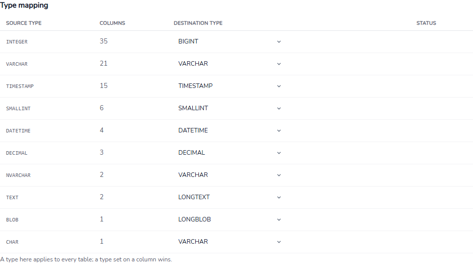 Type mapping: one row per source type with its column count, CHAR mapped to VARCHAR and marked Mapped