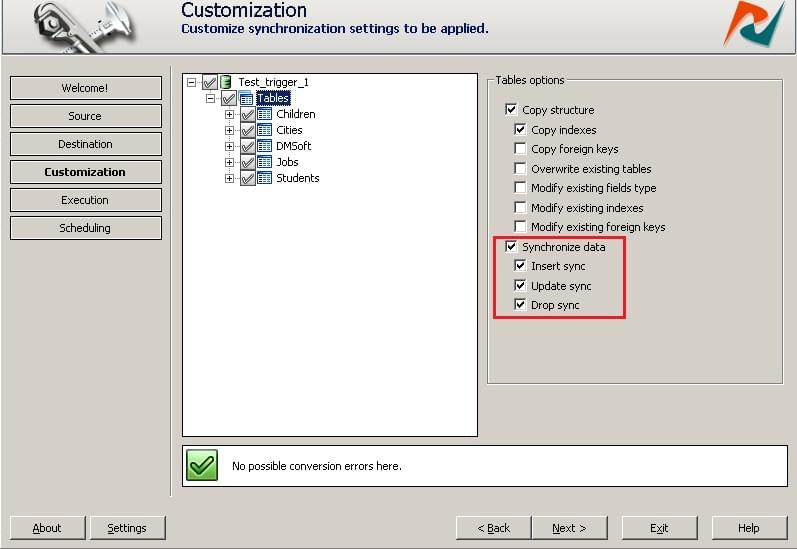 Sync options enabled