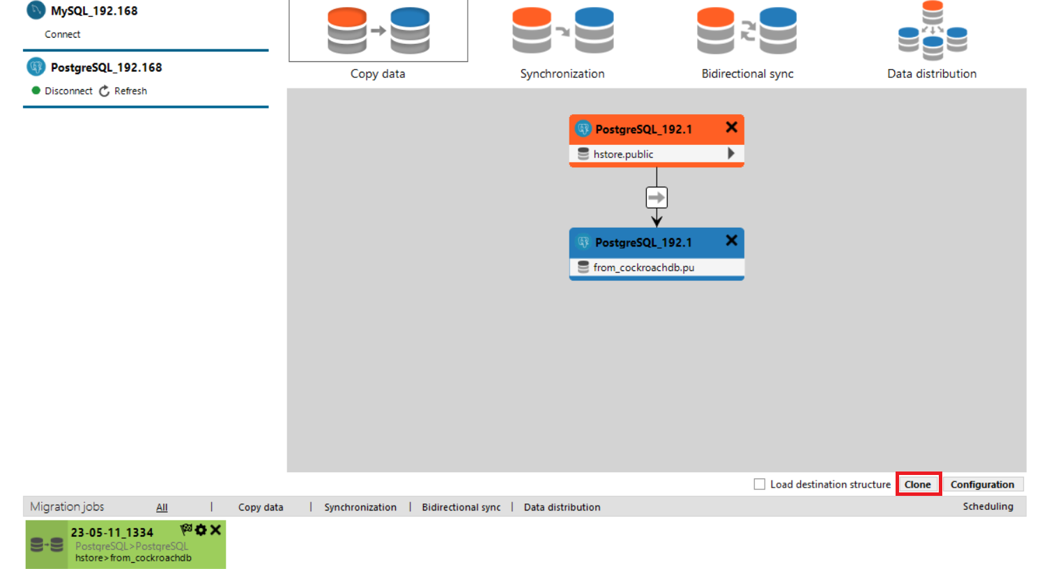 Clone button in the DBConvert Studio migration job view