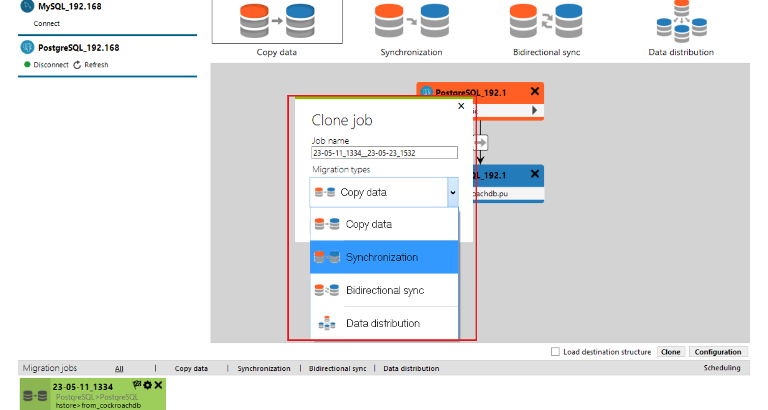 Clone job dialog with the Migration types dropdown open