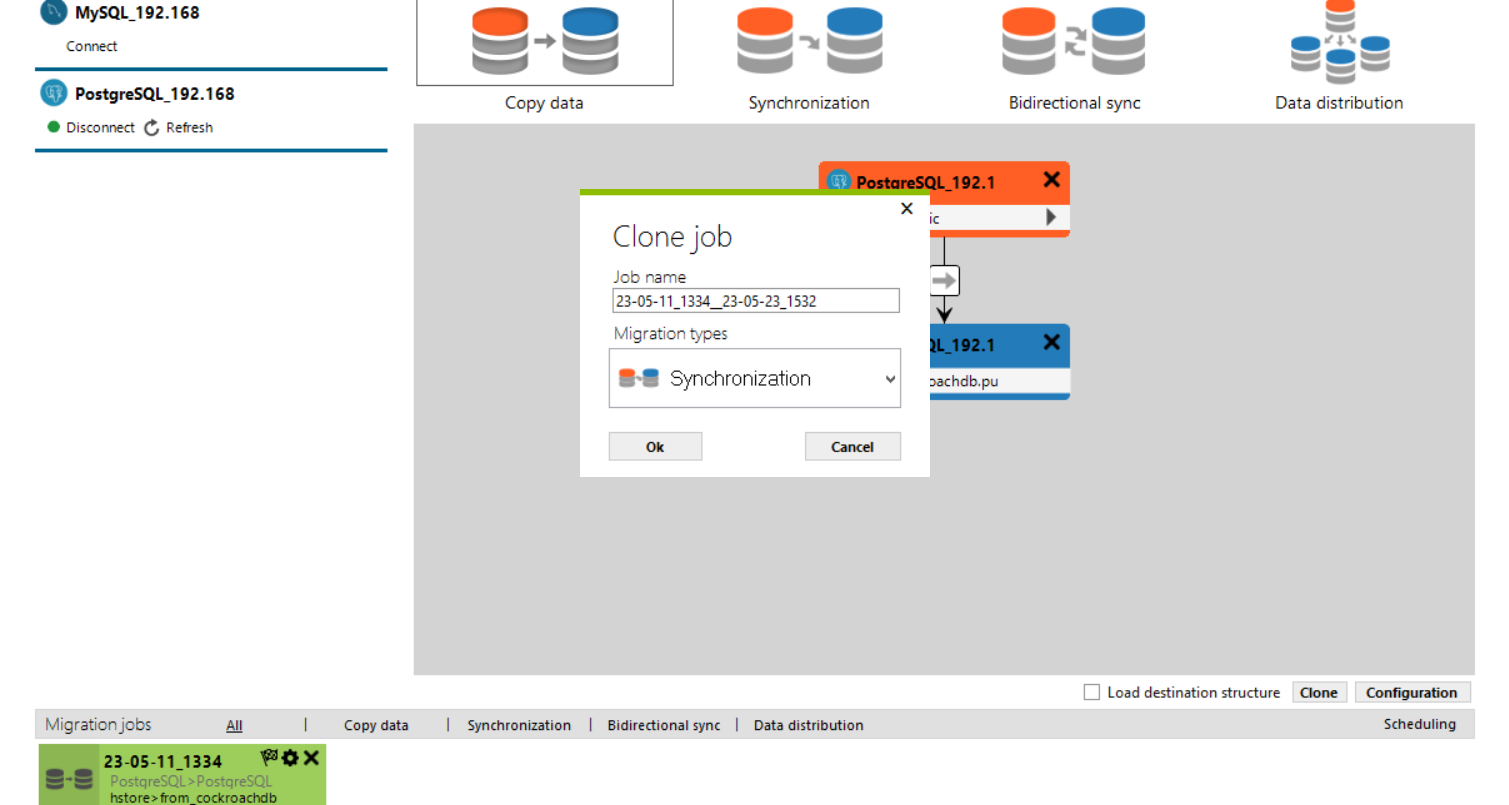 Clone job dialog with a job name and Synchronization migration type