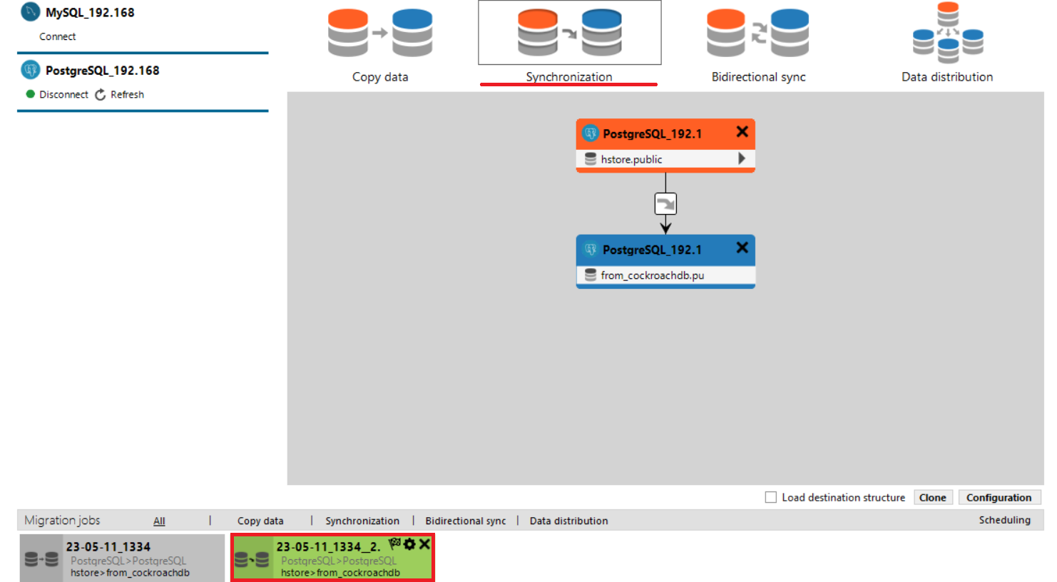 Cloned job shown in the Migration jobs bar