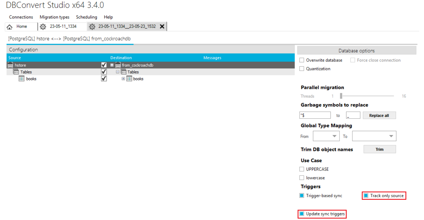 Track only source and Update sync triggers options in the Triggers section
