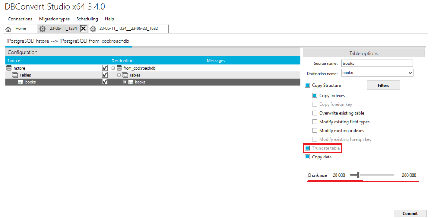 Truncate table and Chunk size options in the table options panel