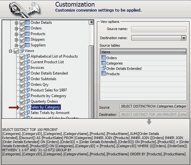 Views in the customization tree