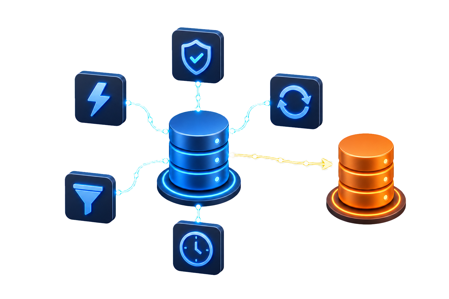 Visual of DBConvert features for performance, verification, synchronization, filters, and scheduling