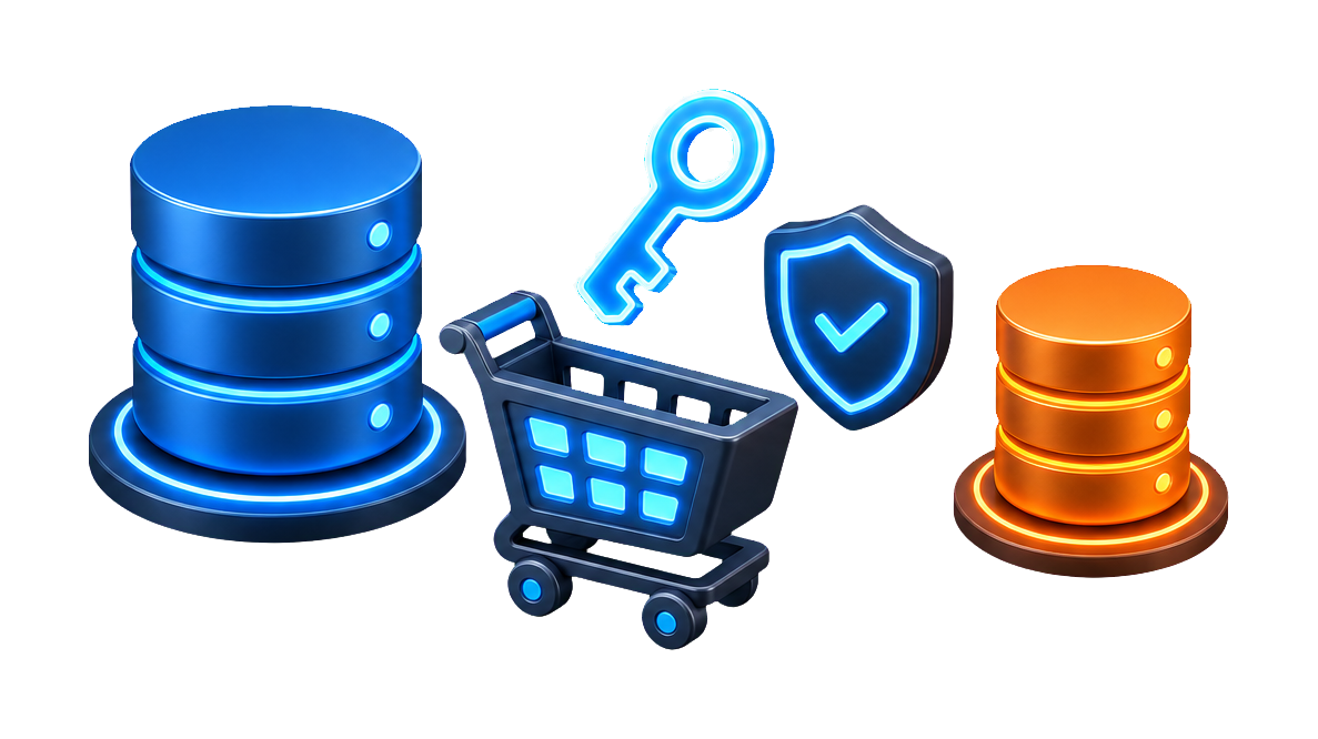 Visual of DBConvert software licenses, secure checkout, and database products